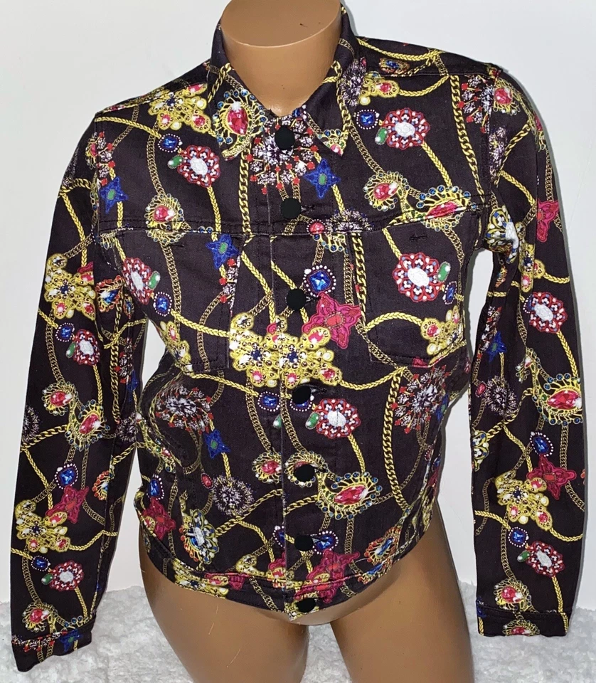 CHAQUETA VAQUERA L'AGENCE CRISTAL ADORNADO CADENA ESTAMPADO POR TODAS PARTES PEQUEÑA NUEVA SIN ETIQUETAS Foto 1 de 4
