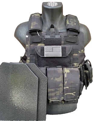 GREEN2 TACTICAL Black Multicam Tactical Vest Plate Carrier With Plates- 2 10x12 curved Plates