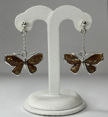 Pendientes MARIPOSA ÁMBAR con Plata de Ley.Pendientes Colgantes Piedra Ámbar Coñac Foto 1 de 4