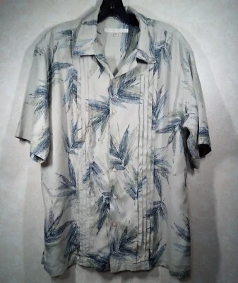 Perry Ellis Hawaiian Shirt Men L Gray Leaves Silk Short Sleeve Pleates Front - Image 1 of 4
