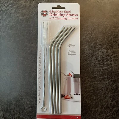 Norpro #436 Stainless Steel Reusable Drinking Straws w/Cleaning Brushes Set of 4 - Image 1 of 4