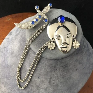 Vtg Sultan Face Sword Scimiter Double Brooch Pin Chatelaine Chain Silver Tone - Picture 1 of 6