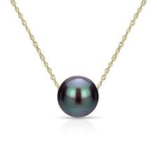 Pearl Pendant Necklace 10-11mm Black Freshwater Pearl 14K Yellow Gold 18''