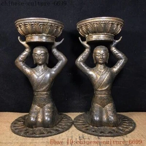 9" China Ancient Bronze Maid-in-waiting Candle Holder Candlestick A pair - Picture 1 of 9