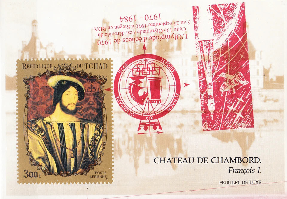 W CHAD 0233D (2) DL7RX2 SPACE CHESS INVERTED RED OVERPRINT ON ROALTY PAINTING - Image 1 of 1