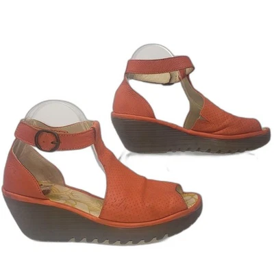 Fly London Wedge Sandals Womens Size EU 41 Orange Leather T-Strap Peep Toe - Image 1 of 4