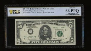 DBR 1969 $5 FRN St. Louis Gem Fr. 1969-H PCGS-B 66 PPQ Serial H01177843A - Picture 1 of 2