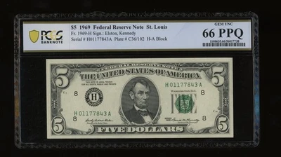DBR 1969 $5 FRN St. Louis Gem Fr. 1969-H PCGS-B 66 PPQ Serial H01177843A - Image 1 of 2