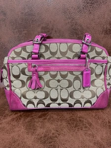 Vintage Coach 6828 Pink Signature C Boston Canvas Suede Shoulder HandBag - Picture 1 of 19