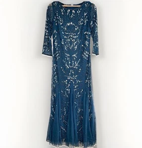 Pisarro Nights Pailletten blau 3/4 Illusionsärmel Abendkleid Kleid Größe 6 - Bild 1 von 7