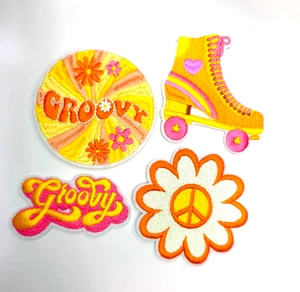 Groovy Embroidered Iron-On Patch Set of 4 – Flower Rollerskate 70s MCM Retro - Picture 1 of 4