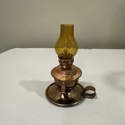 Vintage Amber Miniature Brass Copper Coated Kerosene Oil Lamp Made Hong Kong - Image 1 of 4