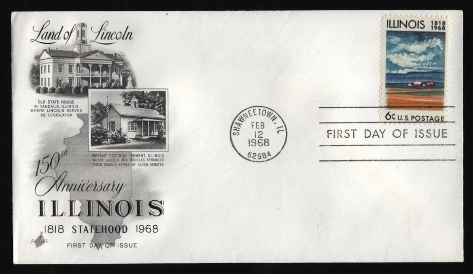 #1339 6c Illinois Statehood, arte artesanal dirigido FDC **CUALQUIER 5 = ENVÍO GRATUITO** Foto 1 de 1