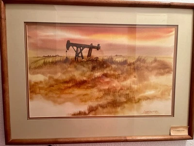 Original watercolor oil field painting oil pump signed framed vintage - Image 1 of 4