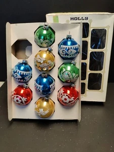 Vintage Glass Christmas Ornaments -Set of 9 -2.25" -Balls -HOLLY -USA -Glitter - Picture 1 of 8