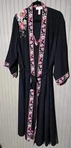 Pair Oscar De La Renta Pink Label Black Floral Trim Slip Chemise Nightgown +Robe - Picture 1 of 12