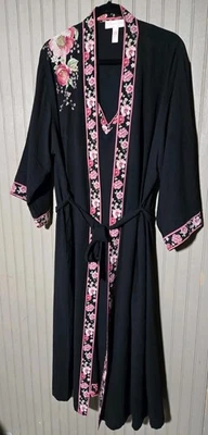 Par de Camisón Oscar De La Renta Etiqueta Rosa Negro Borde Floral Slip Chemise + Bata Foto 1 de 4