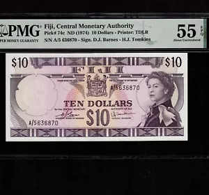 Fiji 10 Dollars 1974 P-74c * PMG AU 55 EPQ * Queen Elizabeth * - Picture 1 of 2