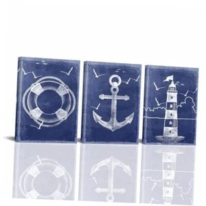 Nautical Canvas Wall Art - Anchor Lighthouse Sailboat Picture Wall Decor Blue - Picture 1 of 7