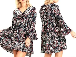 Umgee Dress Size L Blue Whimsigoth Lace Long Bell Sleeve Tunic Womens New - Picture 1 of 7
