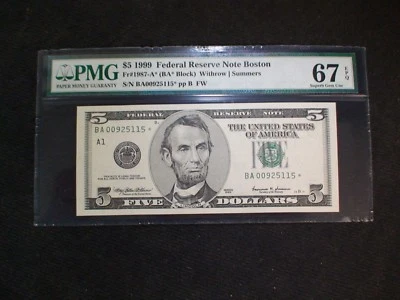 1999 Five Dollar Fed Reserve Note PMG SUPERB GEM UNC 67 EPQ BOSTON STAR $5 BILL! - Image 1 of 4