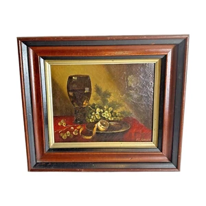 Still Life Original Oil Painting Signed Distress Framed Vintage Grapes Wine - Picture 1 of 9