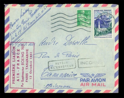 FRANCE 1961 Boeing 707 First Flight Cover PARIS-TANANARIVE , Madagascar-RETURNED - Image 1 of 2