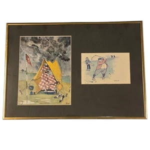 Humorous Framed Golf Cartoons Wall Art Gold Frame 15 x 11 Golfer Golfing OOAK - Picture 1 of 21