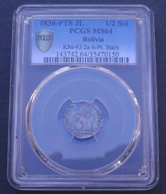1830 PTS JL Bolivia 1/2 Sol , PCGS MS 64 ,  nice silver   coin - Image 1 of 4