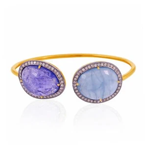 11ct Aquamarine Tanzanite Diamond Gold Sleek Cuff Fine Bracelet 925 Silver - Picture 1 of 6