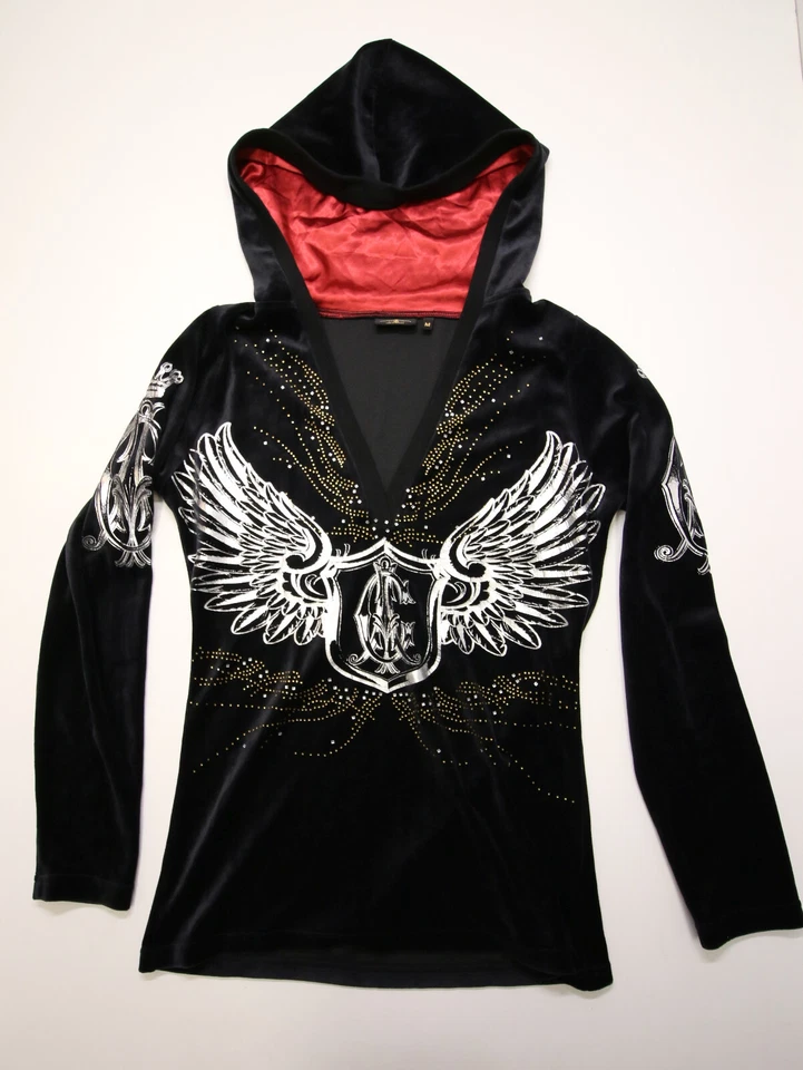 Sudadera con Capucha de Terciopelo Christian Audigier De Colección Cuello en V Para Mujer M Negra Estrás Ala Corona Foto 1 de 4