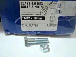 M12 x 50mm Hex Bolt & Nut, Zinc Plated QTY of 50 Grade 4.6 Bremick - Picture 1 of 5