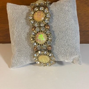 Vintage Gold-Tone Rhinestone & Faux Opal Stretch Bracelet - Picture 1 of 5