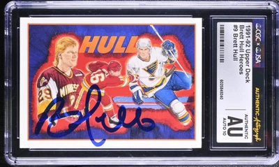 Brett Hull Signed 1991-92 Upper Deck Hockey Heroes Card #9 CGC AU JSA 10 Auto - Image 1 of 2