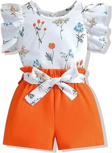 3-8T Toddler Kid Girl Outfits Clothes Ruffle Short Sleeve Floral 5-6T, Orange - Picture 1 of 8
