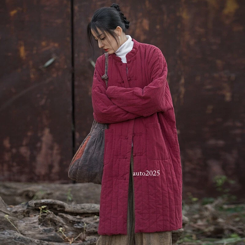 Invierno Algodón Lino Mujer Algodón Espesado Cálido Acolchado Abrigo Largo Algodón Acolchado Foto 1 de 4