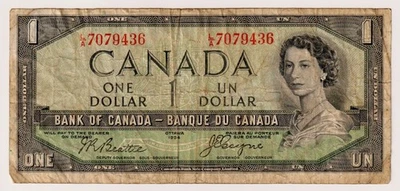 CANADA $1 1954 BC-29b / P-66b QE II Circulated DEVIL'S FACE 👿  L/A 7079436 - Image 1 of 3