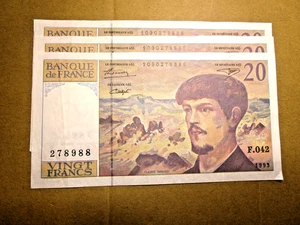FRANCE 1993 TWENTY FRANCS CONSECUTIVES  THREE NOTES RARE - Picture 1 of 3