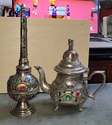 Antique white copper and gem-encrusted holy water bottle and teapot j1 - Image 1 of 4