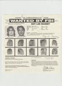 FBI GESUCHT POSTER ROY LEE MASSEY - ZWISCHENSTAATLICHE FLUCHT - VERSUCHTER MORD POLIZEI - Bild 1 von 2