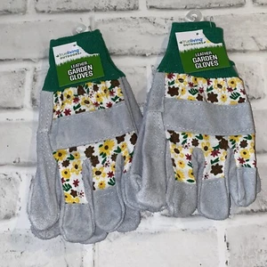 True living Outdoors Garden Leather Gloves 2 Pair Green Fabric Cuff Floral - Picture 1 of 3