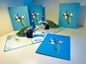ORIGAMI POP CARDS - Asian Oriental Blue Green Peacock Happy Birthday Pop Up card