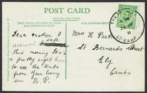 1911 Thetford Army Camp Norfolk to Ely KGV 1/2d Green Large THETFORD CAMP CDS - Picture 1 of 2
