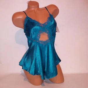 Victoria Secret Lingerie Sleepwear Romper One Piece Small Teal Blue Lace Trim - Picture 1 of 8