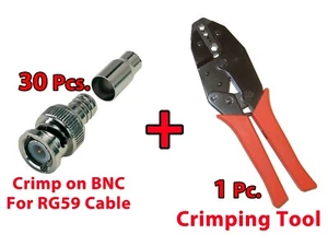 30x BNC Male Crimp On CCTV Video Connector For RG59 Coax Cable + Crimp Tool - Picture 1 of 12