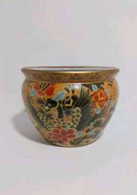Винтажная китайская ваза для рассады рыбы в стиле САЦУМА с цветами и птицами б/у в отличном состоянии - Изображение 1 из 4
