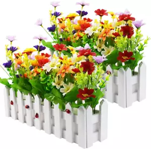 Artificial Flower Plants - Mixed Color Daisies in Picket Fence Pot for Indoor Of - Picture 1 of 12
