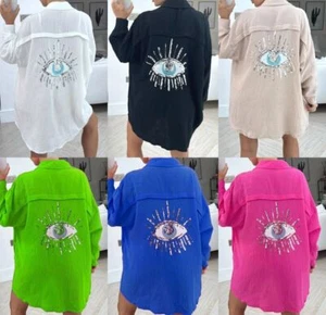 women's Ladies Sequin Eye Button Up Oversized Summer Tunic Shirt Mini Dress Tee - Picture 1 of 35
