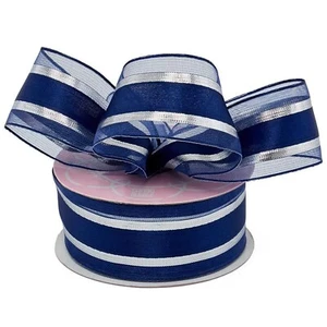 Navy/Silver Sheer Metallic Stripe & Satin Wired Ribbon - 1.5"w X 25Yds -56360106 - Picture 1 of 1