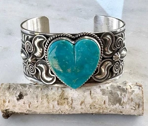 Navajo Andy Cadman Kingman Turquoise Heart Cuff ~Signed~ - Picture 1 of 4